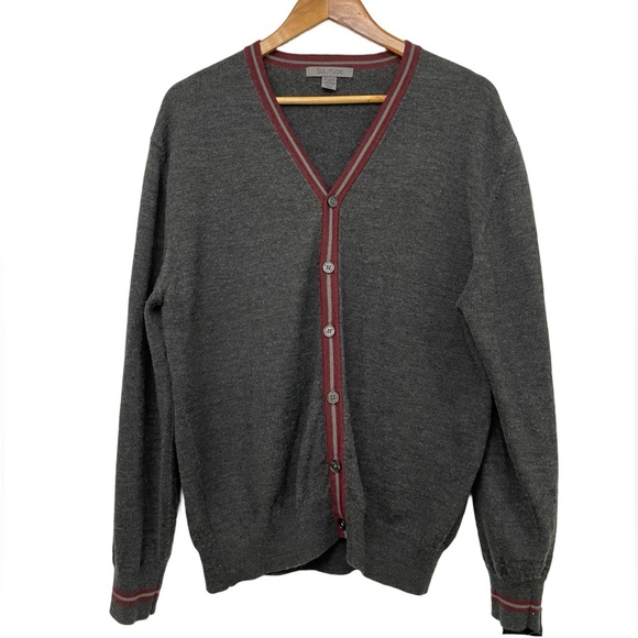 [xl] SOLITUDE Cardigan Wool men’s button down classic Grey with Burgundy Trim - Picture 2 of 7
